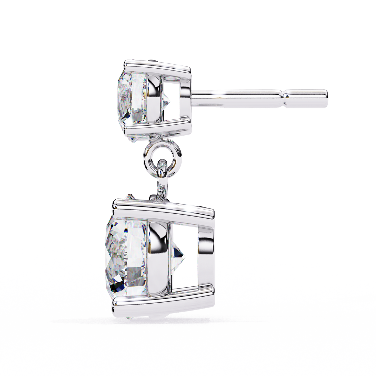 Tilted side angle of round lab grown diamond drop earrings in white gold