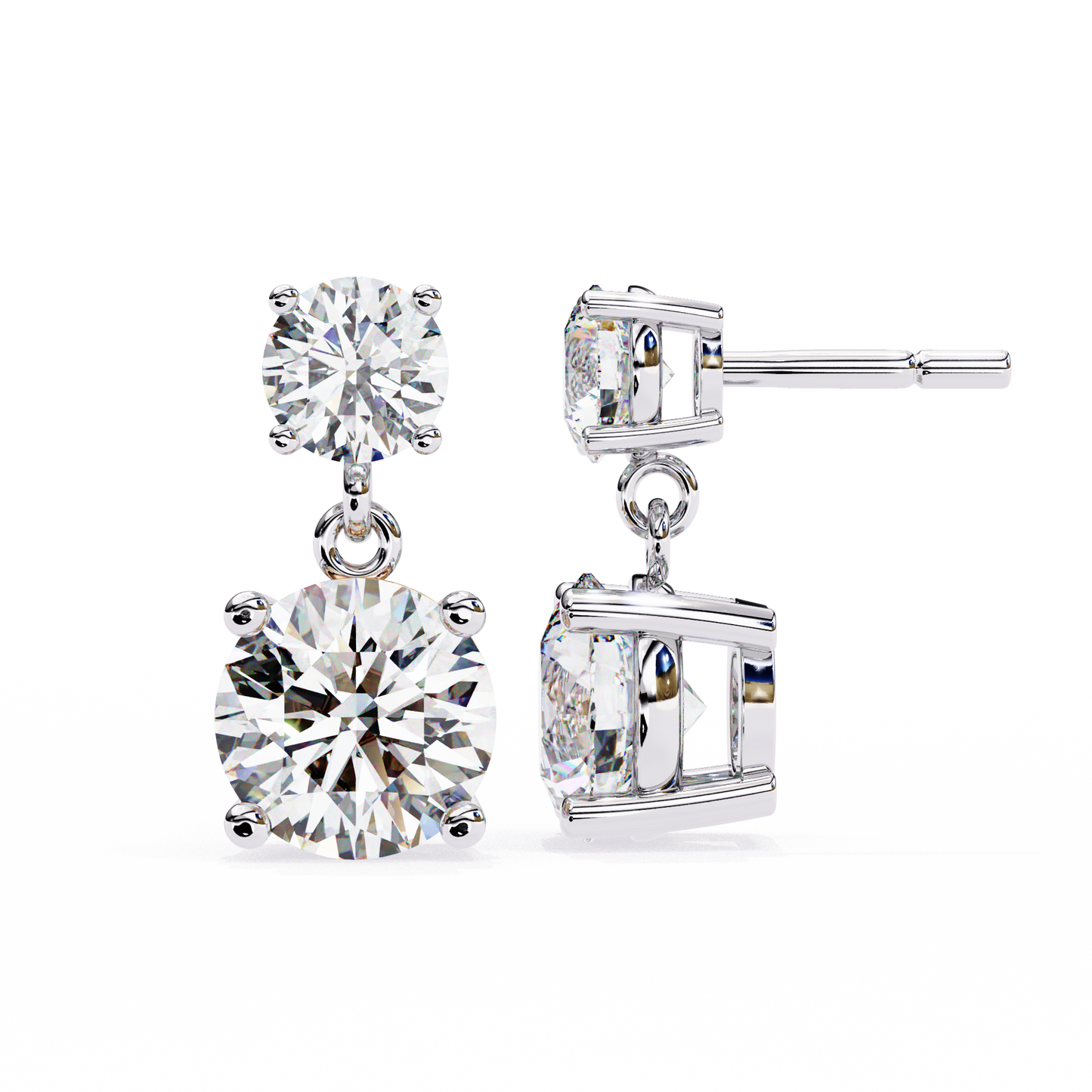 Angled view of round cut diamond dangle earrings in white gold