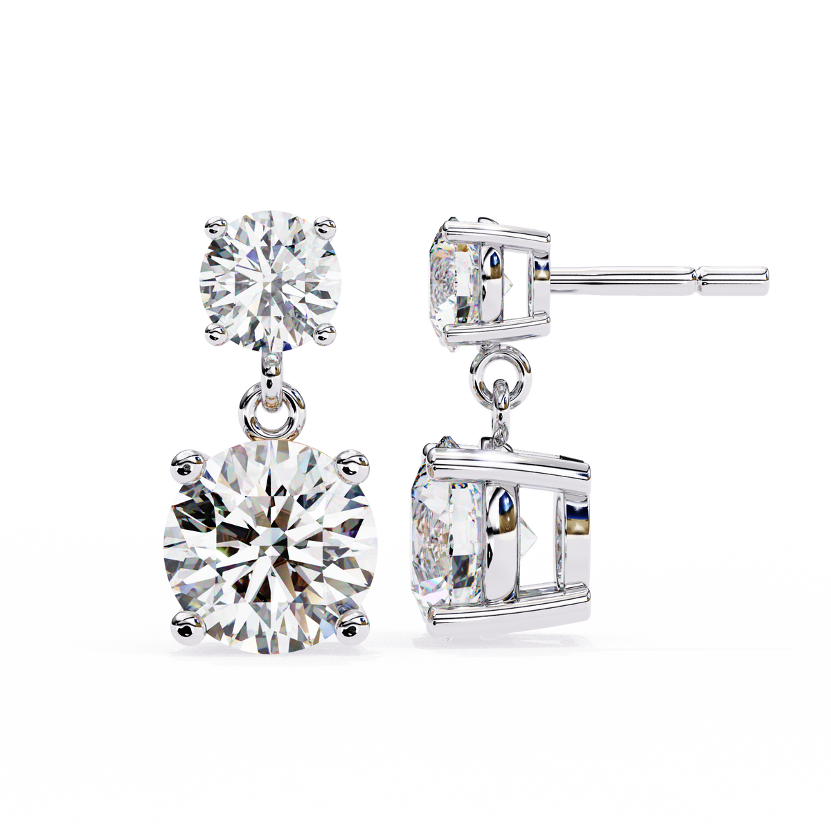 Angled view of round cut diamond dangle earrings in white gold