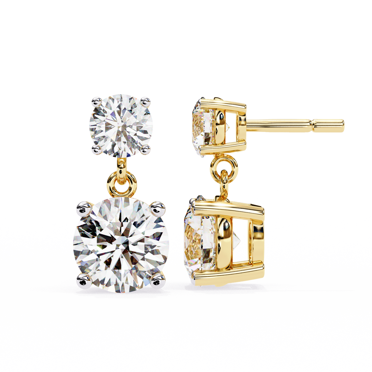 360 view video of round lab diamond drop earrings rotating on white background