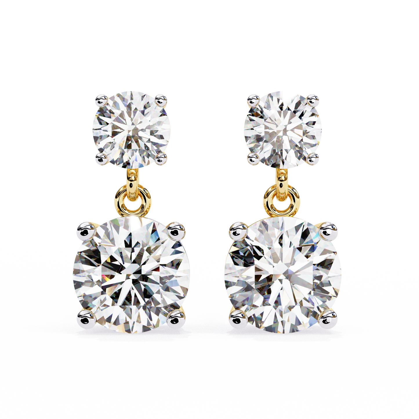 Front view of round cut lab diamond drop earrings in white gold