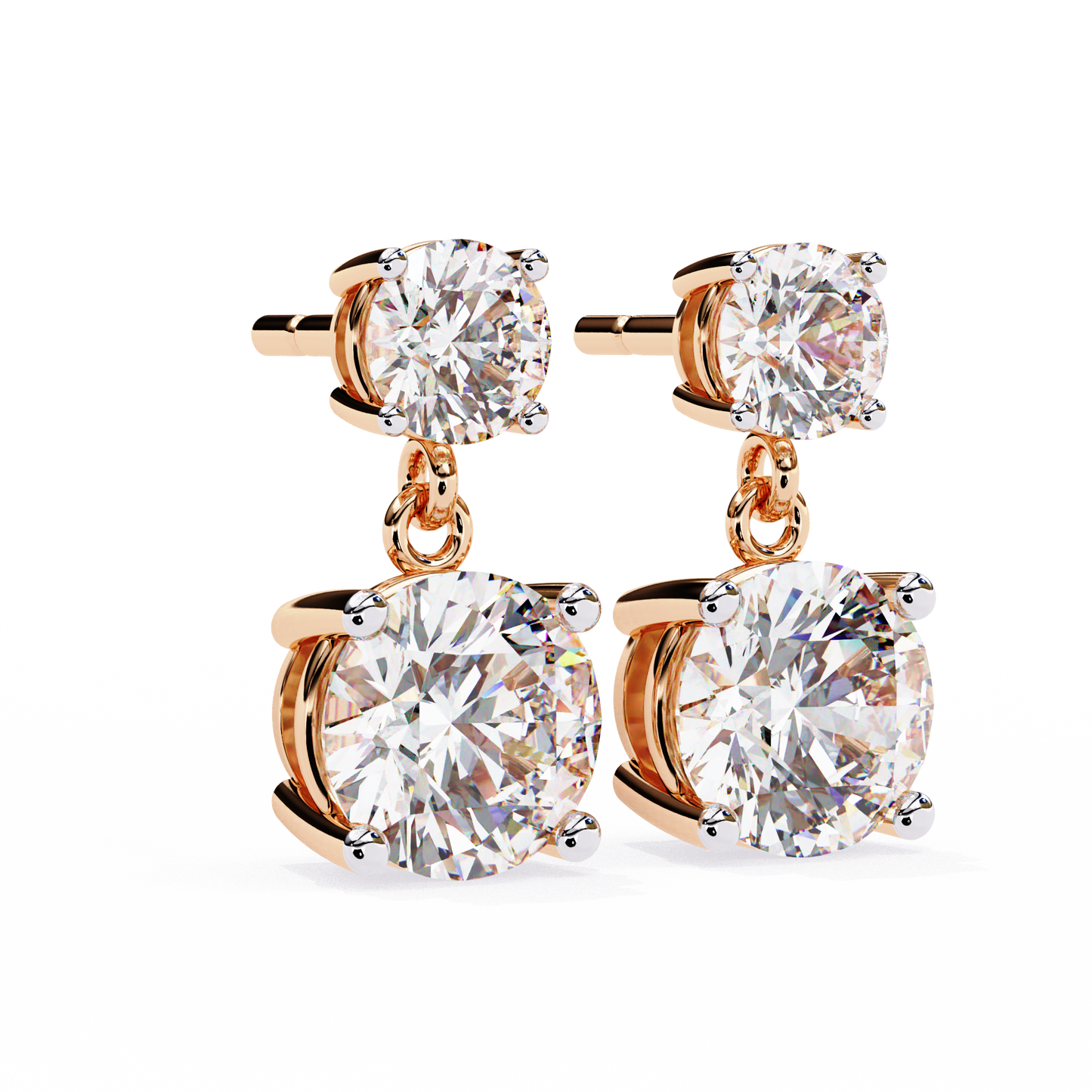rose gold round diamond dangle earrings with four prong setting front look
