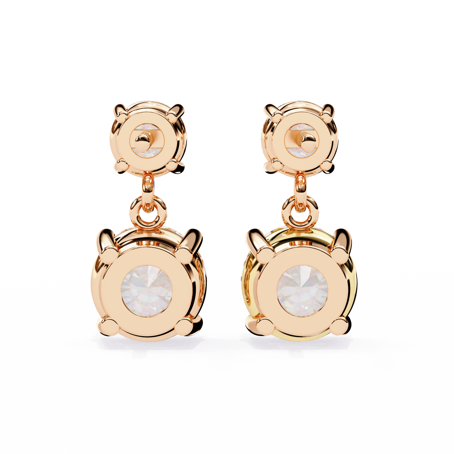 Back view of round lab diamond drop earrings with secure push back setting