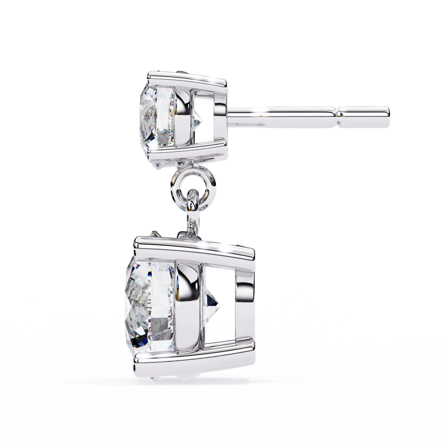 Tilted side angle of round lab grown diamond drop earrings in white gold