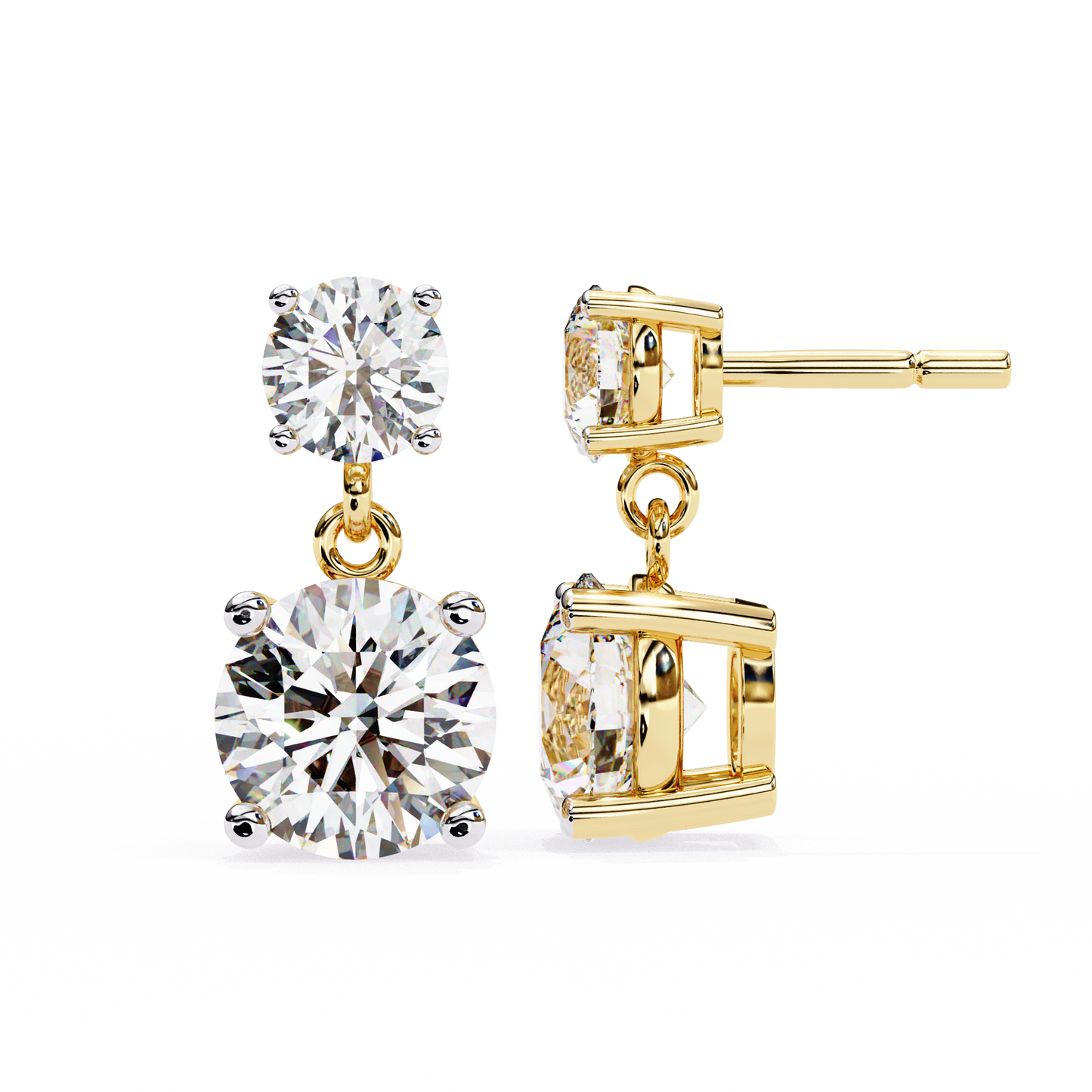 360 view video of round lab diamond drop earrings rotating on white background