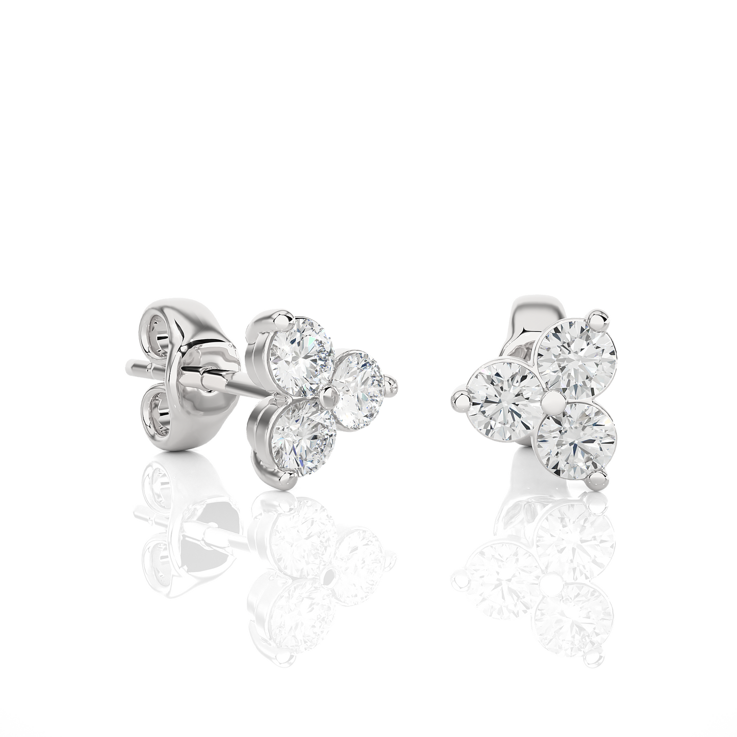 3 Stone Round Diamond Stud Earrings 14K Solid Gold Colorless Natural And Lab Diamond Earring