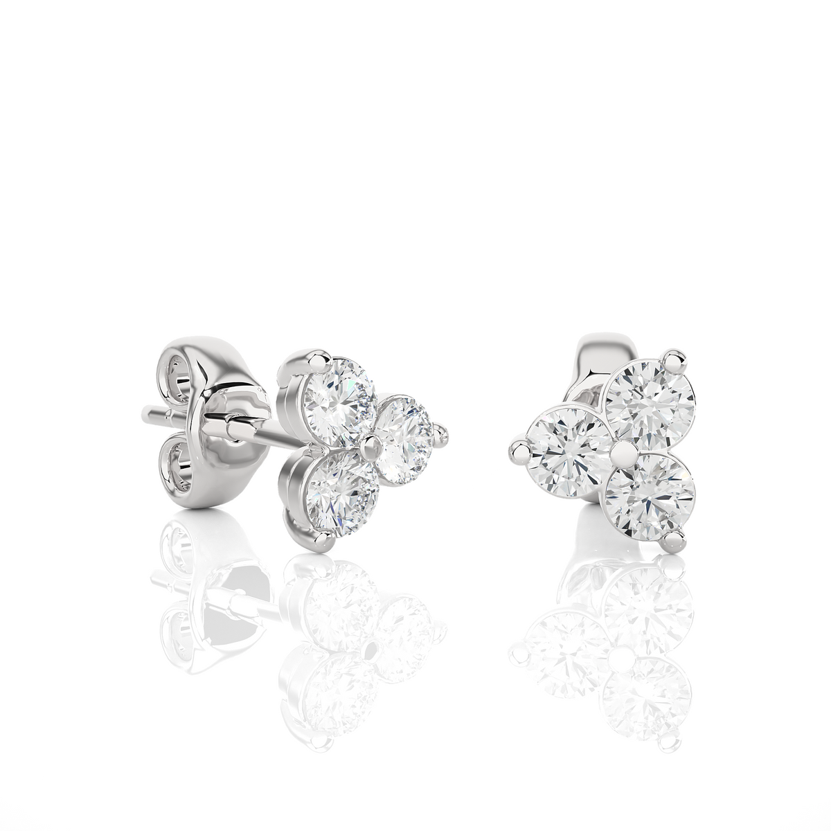 3 Stone Round Diamond Stud Earrings 14K Solid Gold Colorless Natural And Lab Diamond Earring - HIGHCARAT DIAMONDS