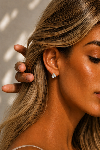 3 Stone Round Diamond Stud Earrings 14K Solid Gold Colorless Natural And Lab Diamond Earring - HIGHCARAT DIAMONDS