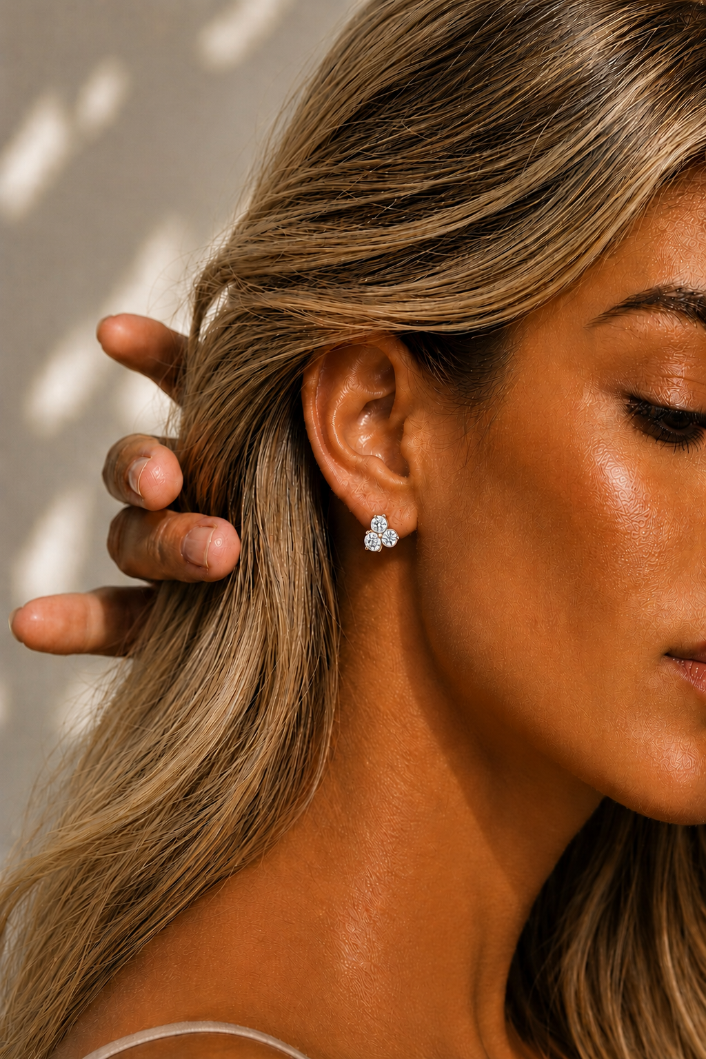 3 Stone Round Diamond Stud Earrings 14K Solid Gold Colorless Natural And Lab Diamond Earring - HIGHCARAT DIAMONDS