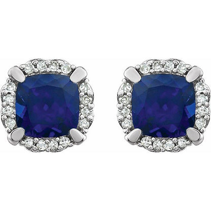 14K White Lab-Grown Blue Sapphire & 1/10 CTW Natural Diamond Earrings