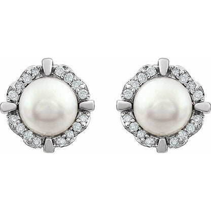 14K White Cultured White Freshwater Pearl & 1/10 CTW Natural Diamond Earrings