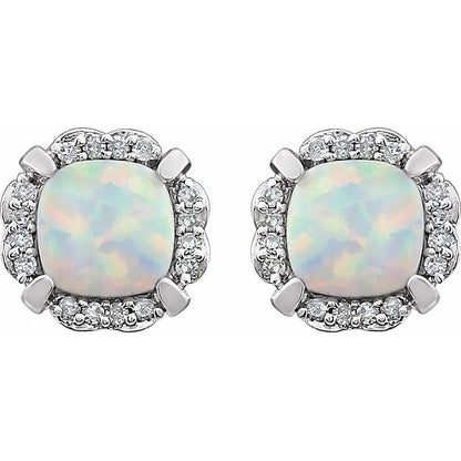 14K White Lab-Grown Opal & 1/10 CTW Natural Diamond Earrings