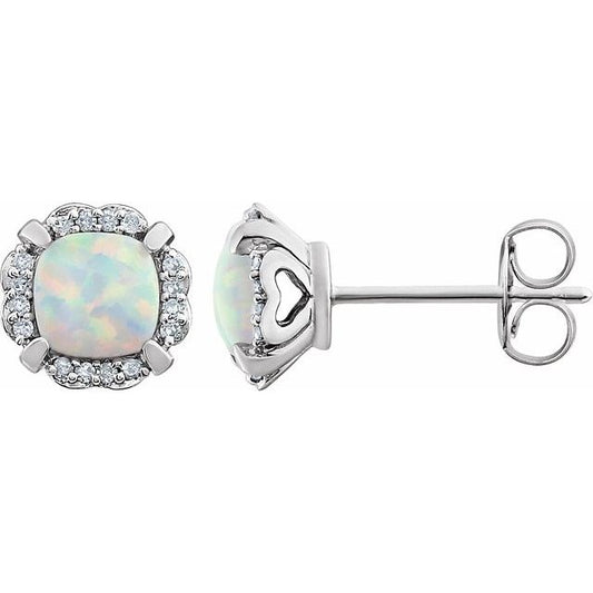 14K White Lab-Grown Opal & 1/10 CTW Natural Diamond Earrings
