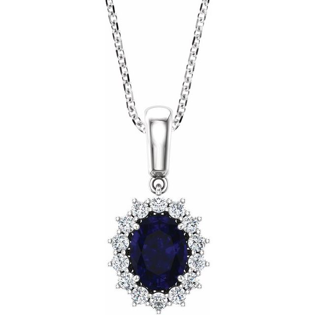 14K White Lab-Grown Blue Sapphire & 1/3 CTW Natural Diamond 18" Pendant
