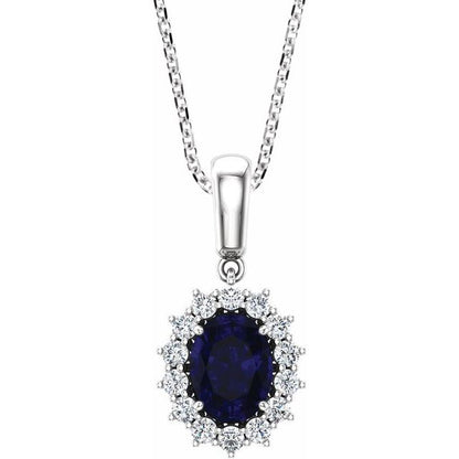 14K White Lab-Grown Blue Sapphire & 1/3 CTW Natural Diamond 18" Pendant