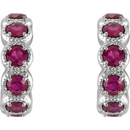 14K White Lab-Grown Ruby Hoop Earrings