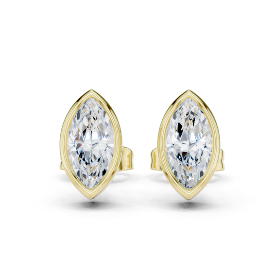 18k Solid Yellow Gold Marquise Cut 1.00CT Lab Grown Diamond Art Deco Dainty Bezel Set Stud Earring