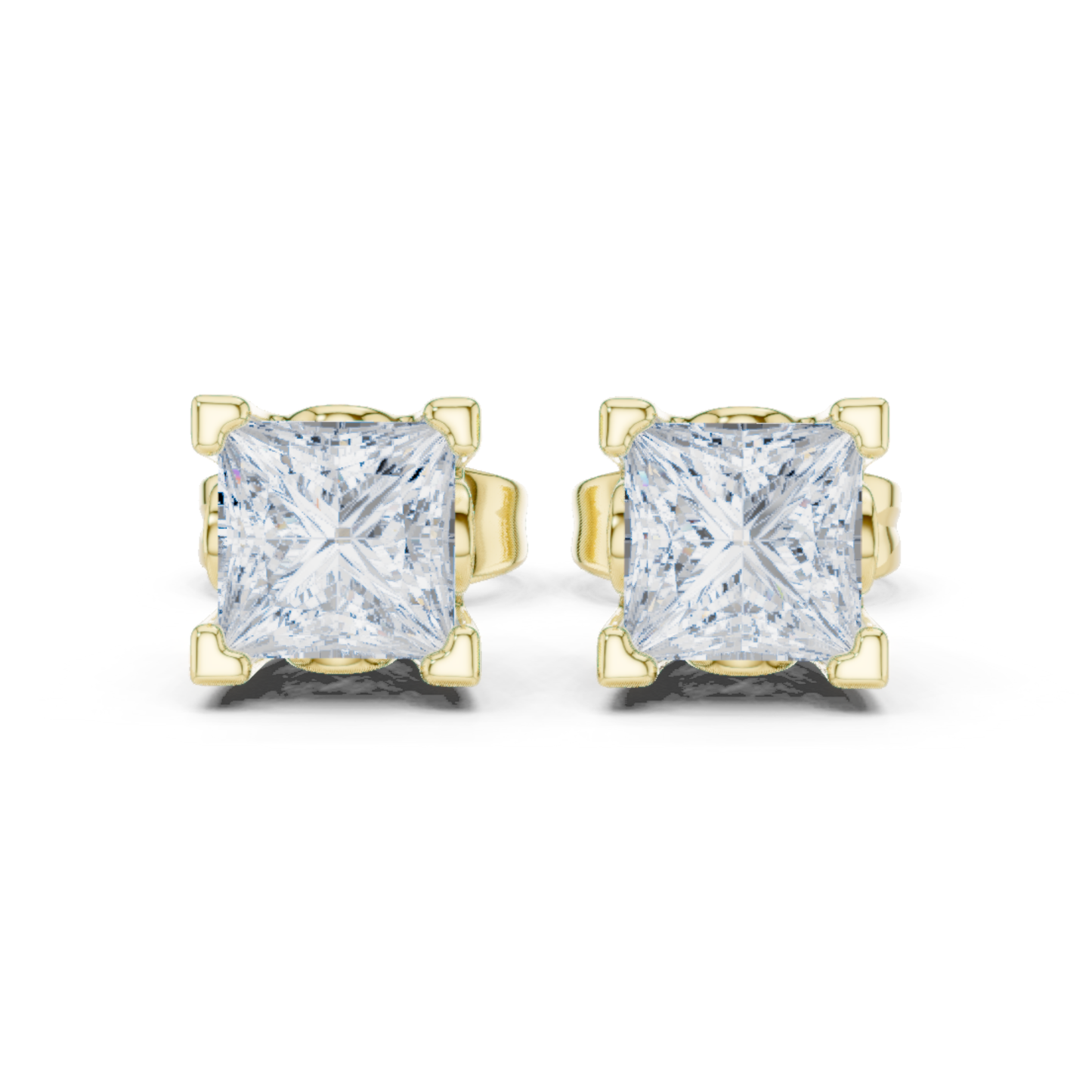 Princess Cut Solitaire Lab Grown Diamond Yellow Gold Stud Earring