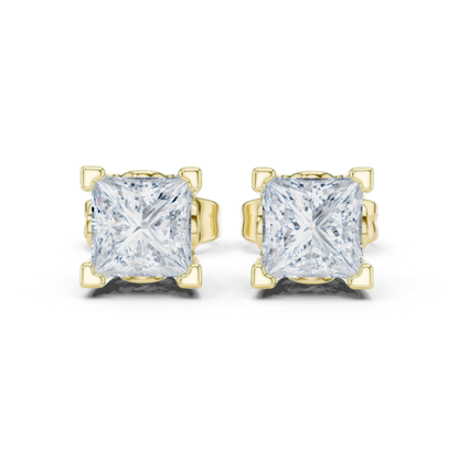 Princess Cut Solitaire Lab Grown Diamond Yellow Gold Stud Earring