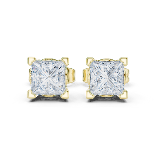 Princess Cut Solitaire Lab Grown Diamond Yellow Gold Stud Earring