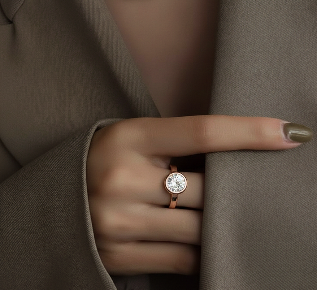 Round Cut Lab Diamond Bezel Set Dainty Solitaire Ring