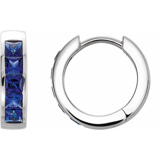 14K White Lab-Grown Blue Sapphire Hoop Earrings