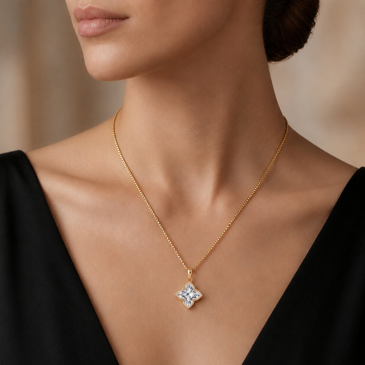 Bezel Set Clover Lilly Cut Diamond Pendant with Chain