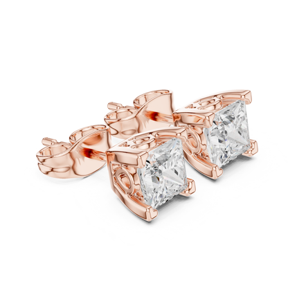 Princess Cut Solitaire Lab Grown Diamond Yellow Gold Stud Earring