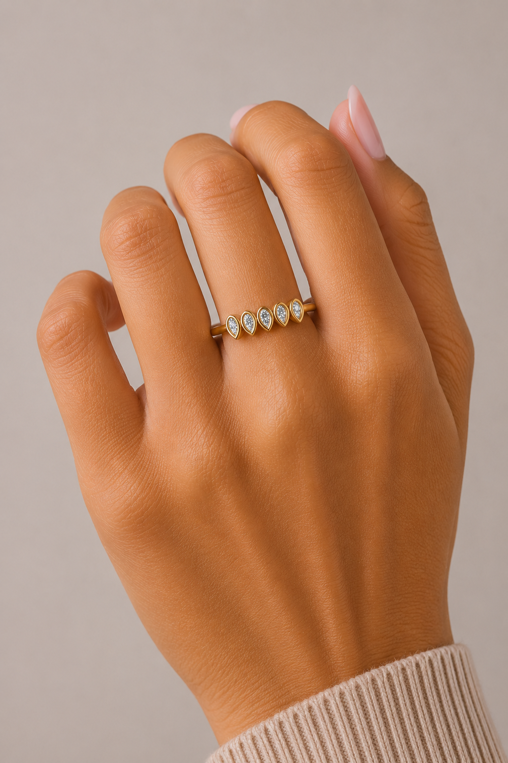 5 Stone Pear Cut Bezel Set Diamond Wedding Ring in 14KT Gold Lab Grown or Natural for Her - HIGHCARAT DIAMONDS
