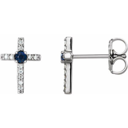 14K Rose Lab-Grown Blue Sapphire & .05 CTW Natural Diamond Cross Earrings