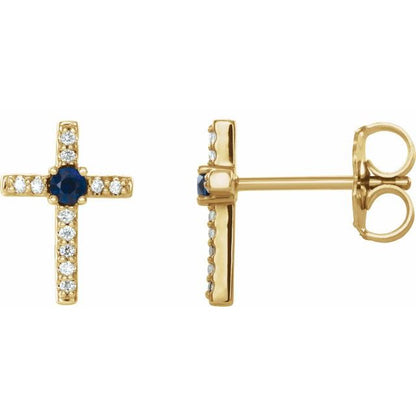 14K Rose Lab-Grown Blue Sapphire & .05 CTW Natural Diamond Cross Earrings