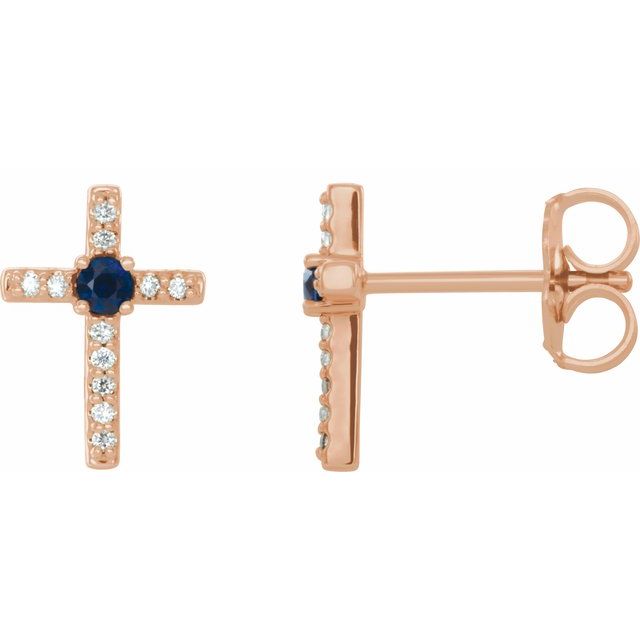 14K Rose Lab-Grown Blue Sapphire & .05 CTW Natural Diamond Cross Earrings