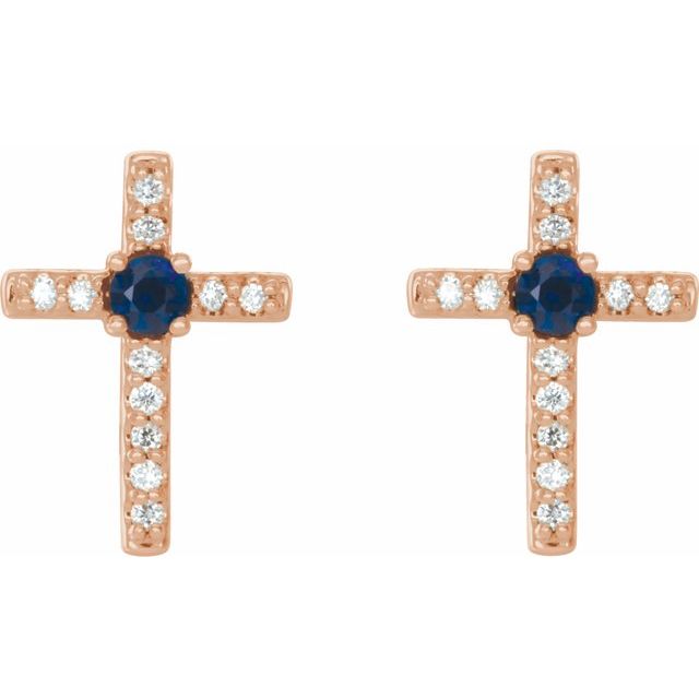 14K Rose Lab-Grown Blue Sapphire & .05 CTW Natural Diamond Cross Earrings