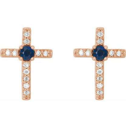 14K Rose Lab-Grown Blue Sapphire & .05 CTW Natural Diamond Cross Earrings