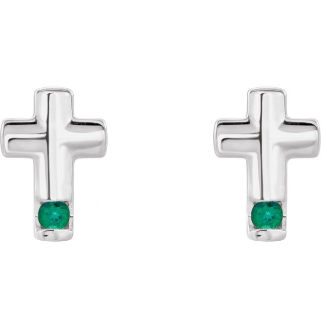 14K White Lab-Grown Emerald Cross Earrings