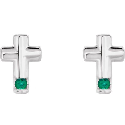 14K White Lab-Grown Emerald Cross Earrings
