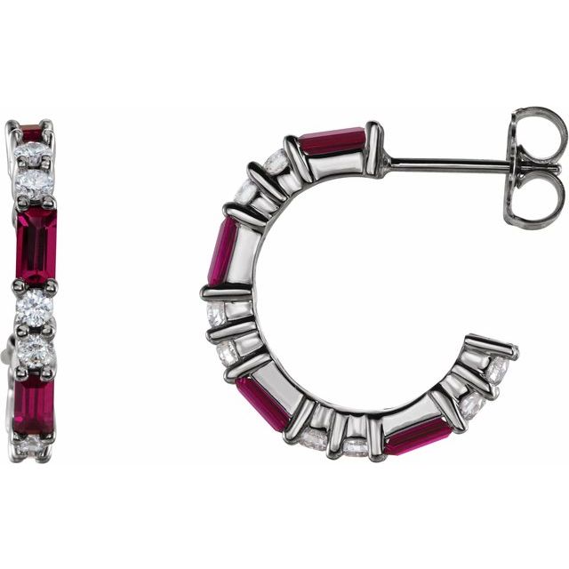 14K White Lab-Grown Ruby & 1/2 CTW Natural Diamond  Hoop Earrings