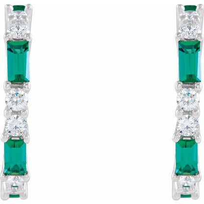 14K White Lab-Grown Emerald & 1/2 CTW Natural Diamond  Hoop Earrings