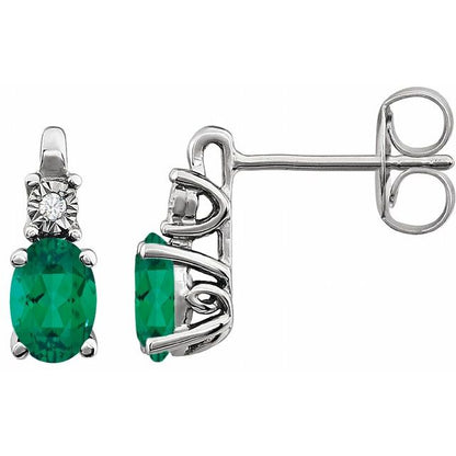 14K White  Lab-Grown Emerald & .02 CTW Natural Diamond Earrings