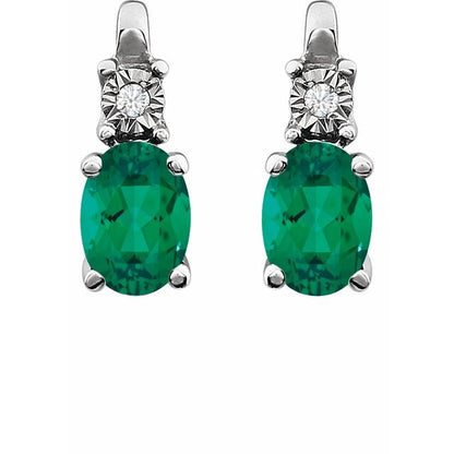 14K White  Lab-Grown Emerald & .02 CTW Natural Diamond Earrings