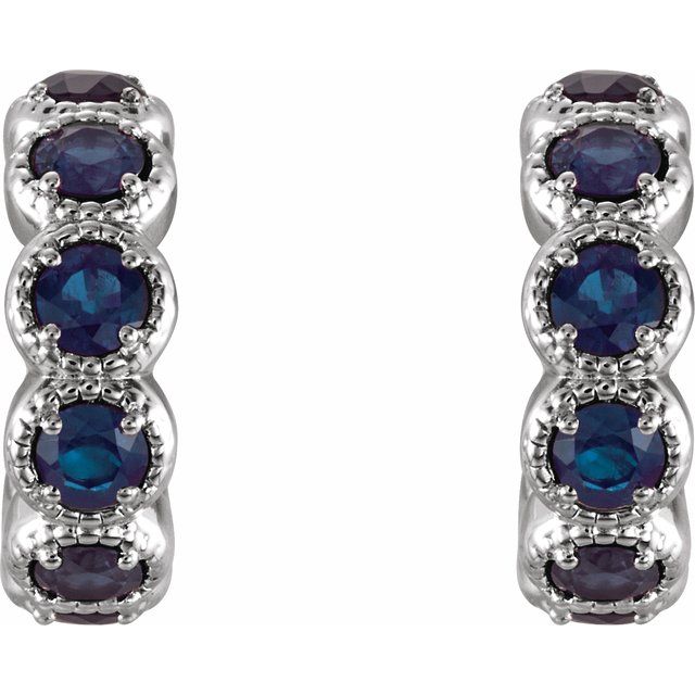 14K White Lab-Grown Blue Sapphire Hoop Earrings