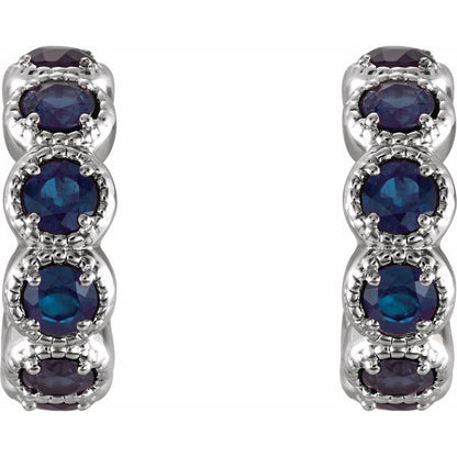 14K White Lab-Grown Blue Sapphire Hoop Earrings