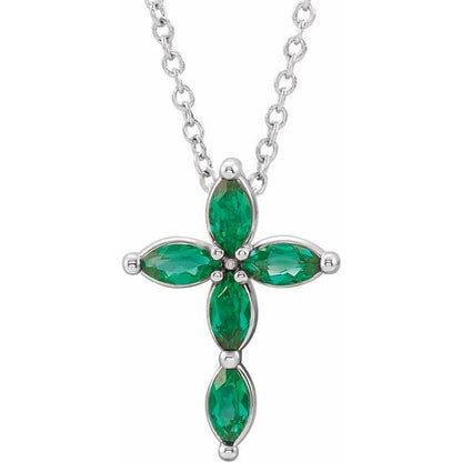 14K White Lab-Grown Emerald Cross 16-18" Pendant