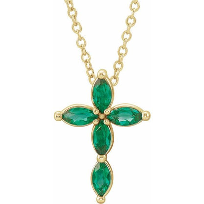 14K White Lab-Grown Emerald Cross 16-18" Pendant