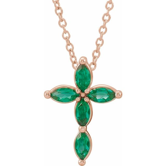 14K White Lab-Grown Emerald Cross 16-18" Pendant