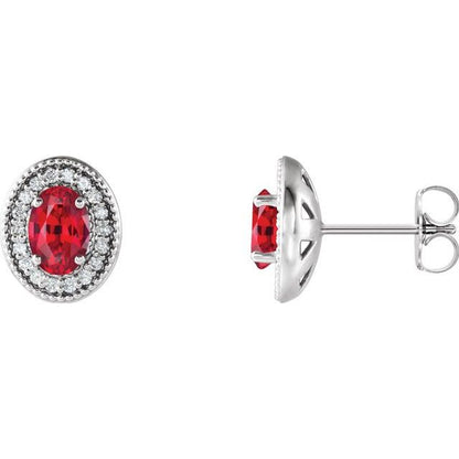 14K White  Lab-Grown Ruby & 1/8 CTW Natural Diamond Halo-Style Earrings