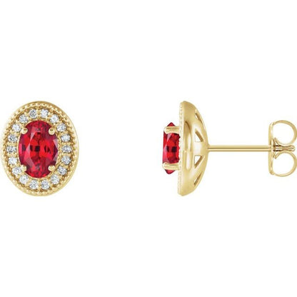 14K White  Lab-Grown Ruby & 1/8 CTW Natural Diamond Halo-Style Earrings