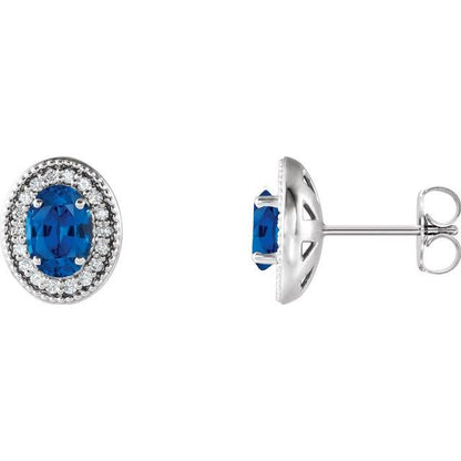 14K White  Lab-Grown Blue Sapphire & 1/8 CTW Natural Diamond Halo-Style Earrings