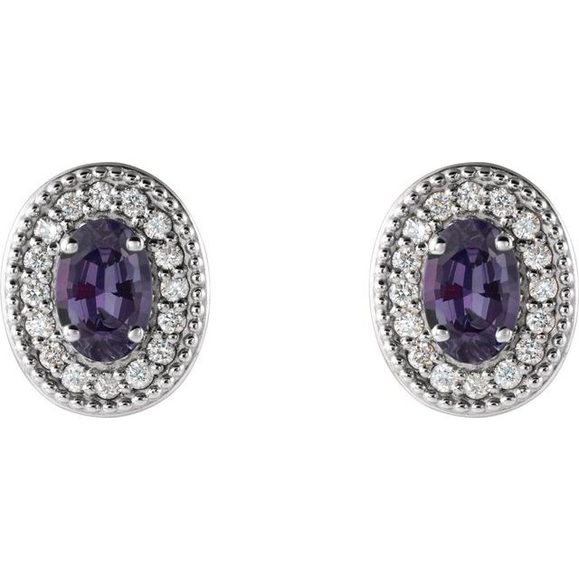 14K White  Lab-Grown Alexandrite & 1/8 CTW Natural Diamond Halo-Style Earrings