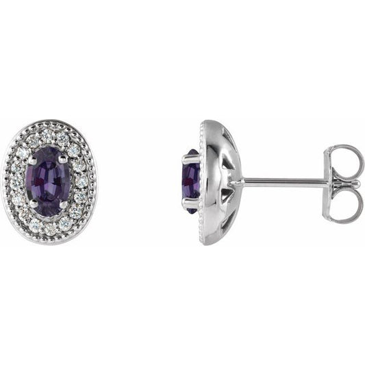 14K White  Lab-Grown Alexandrite & 1/8 CTW Natural Diamond Halo-Style Earrings